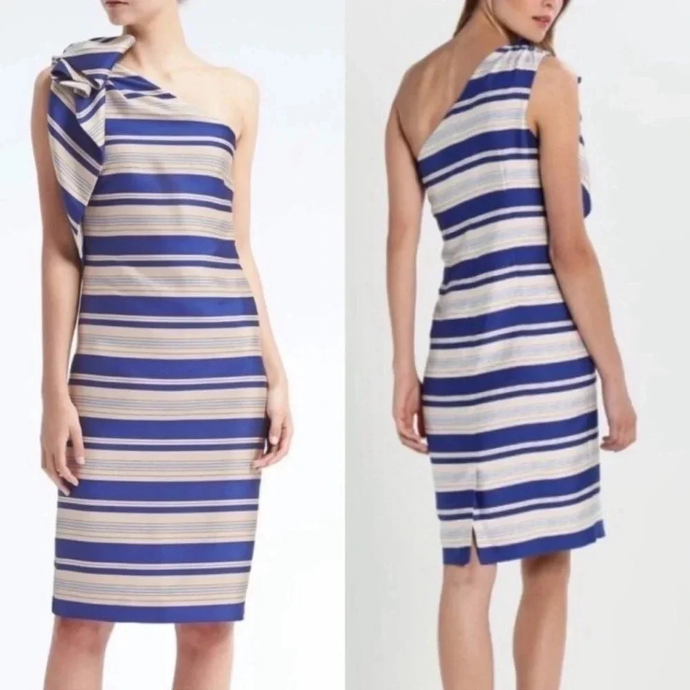 New Banana republic one shoulder large bow striped print dress satin party chic - Picture 2 of 8